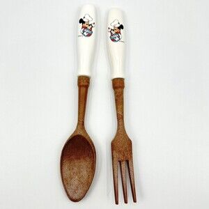 Vintage Disney Mickey Mouse Salad Servers Ceramic Handle Fork Spoon Food boxed
